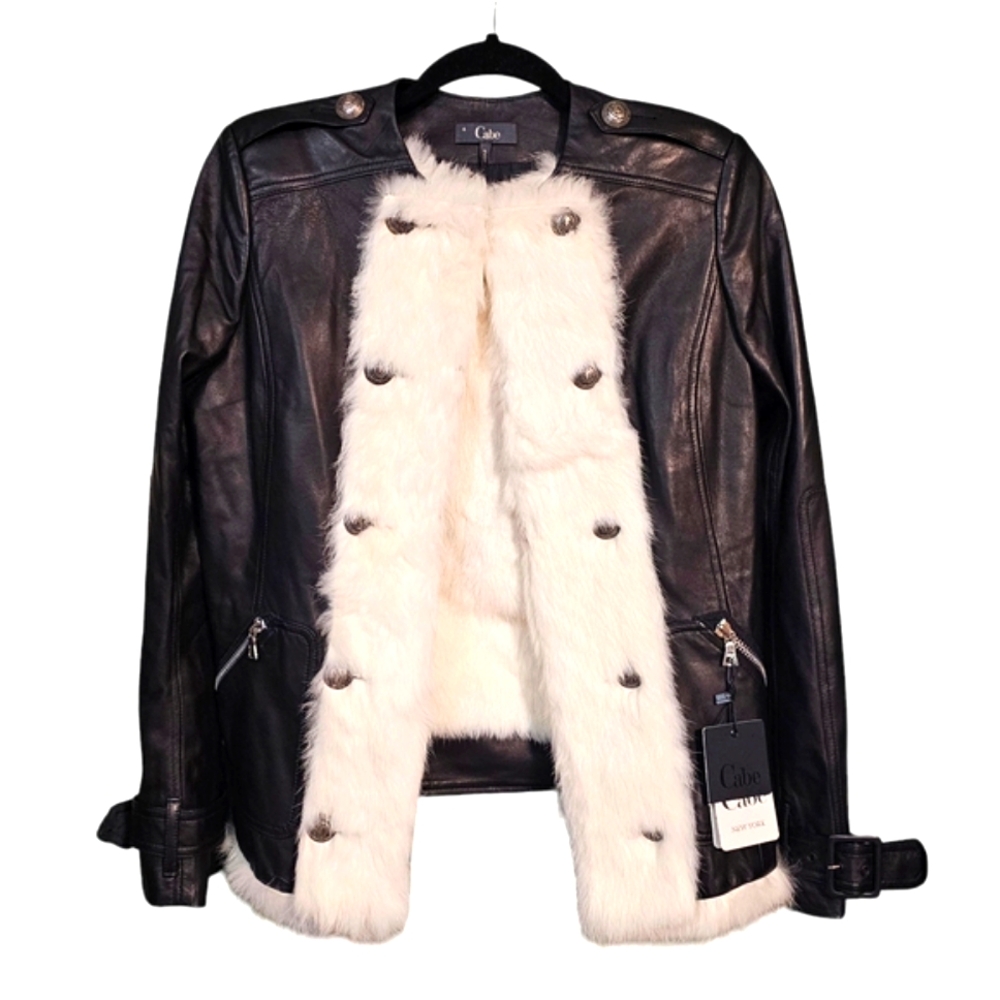 Cabe NY Black Leather Napoleon Jacket Real Rabbit Fur Trim Military Hussar Sz 4 - Picture 3 of 16